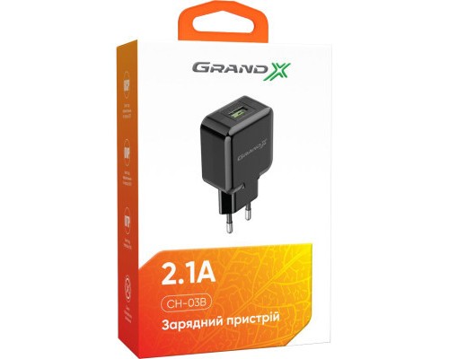 Зарядний пристрій Grand-X CH-03B (5V/2,1A) Black (CH-03B)