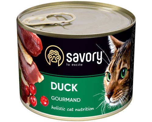 Вологий корм для кішок Savory Cat Can Adult для вибагливих котів (качка) 200 г (4820232630617)