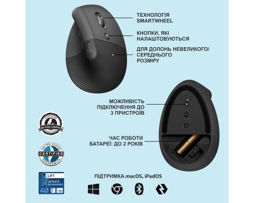 Мишка Logitech Lift Vertical Ergonomic Wireless/Bluetooth Graphite (910-006473)