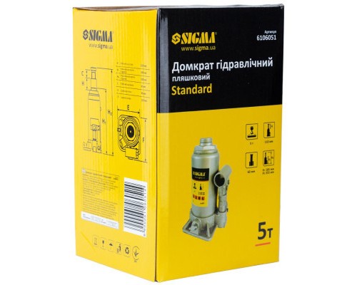 Домкрат Sigma гідравлічний пляшковий 5т H 185-355мм (6106051)
