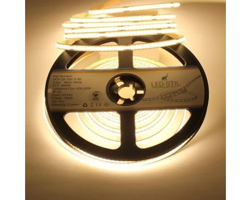 Світлодіодна стрічка LED-STIL 3000K 7 Вт/м COB 320 діодів IP33 24 Вольта 600 lm тепле світло , вузька (UC3-24-320-5-90)