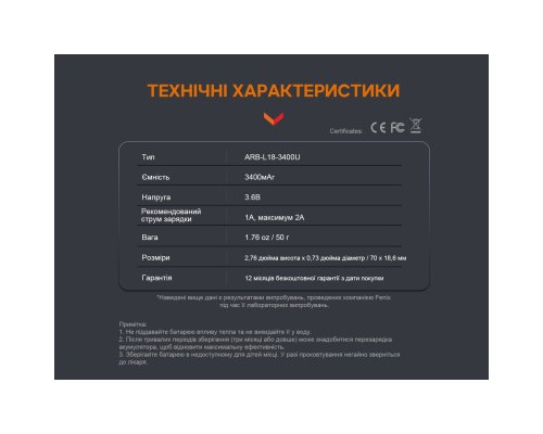 Акумулятор Fenix 18650 3400 mAh micro usb зарядка (ARB-L18-3400U) 