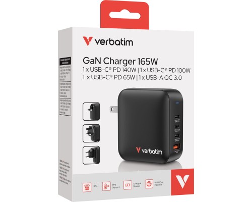 Зарядний пристрій Verbatim MiniGaN 165 W 4 ports (3xUSB-C/1xUSB-A) (32216)