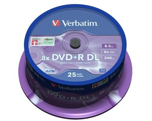 Диск DVD Verbatim 8.5Gb 8x CakeBox 25шт Matt Silver (43757)