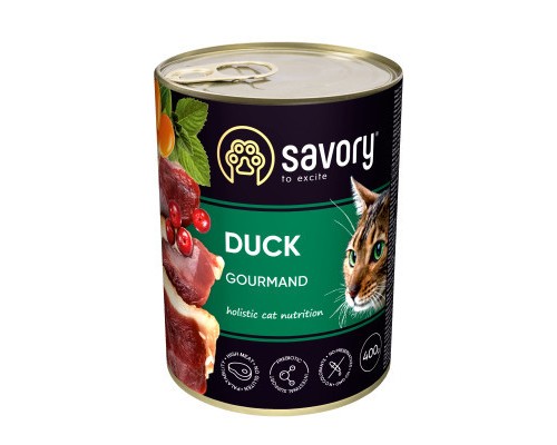 Вологий корм для кішок Savory Cat Can Adult для вибагливих котів (качка) 400 г (4820232630624)
