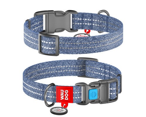 Нашийник для тварин WAUDOG Re-cotton з QR паспортом світловідбивний Ш 15 мм Д 25-35 см синій (028612)