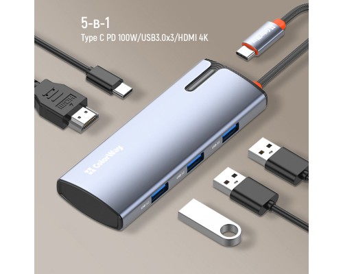 Порт-реплікатор ColorWay Docking Station USB-C 5-в-1 Type C PD 100W/USB3.0х3/HDMI 4К (CW-HUB01)