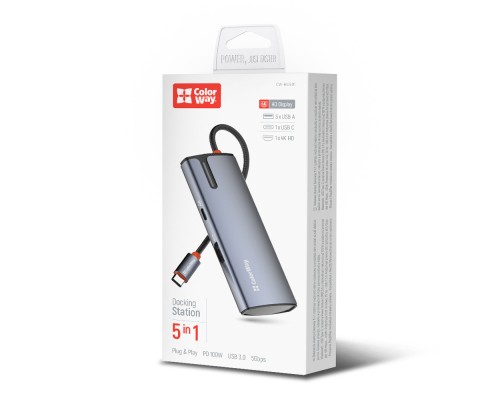 Порт-реплікатор ColorWay Docking Station USB-C 5-в-1 Type C PD 100W/USB3.0х3/HDMI 4К (CW-HUB01)
