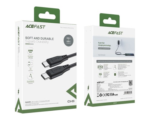 Дата кабель USB-C to USB-C 1.2m 3A TPE C3-03 Black Acefast (6974316280842)