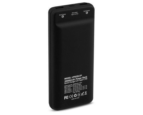 Батарея універсальна Vinga 20000 mAh QC3.0 Display soft touch black (VPB2QLSBK) 