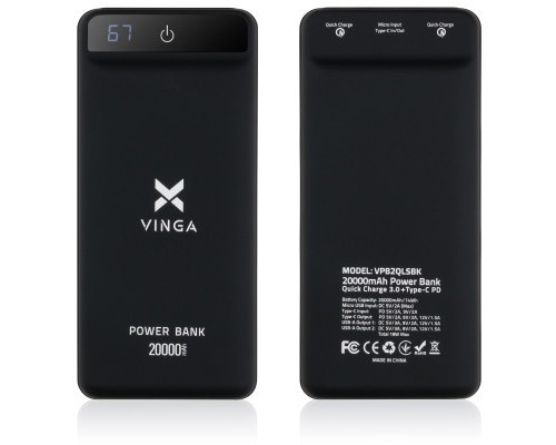 Батарея універсальна Vinga 20000 mAh QC3.0 Display soft touch black (VPB2QLSBK) 