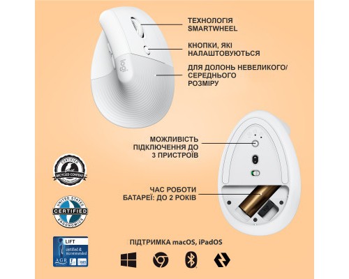Мишка Logitech Lift Vertical Ergonomic Wireless/Bluetooth White (910-006475)