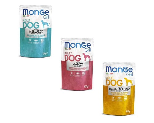 Вологий корм для собак Monge Dog Grill Mix Chicken and Turkey, Beef, Cod Fish 12*100 г (8009470017510)