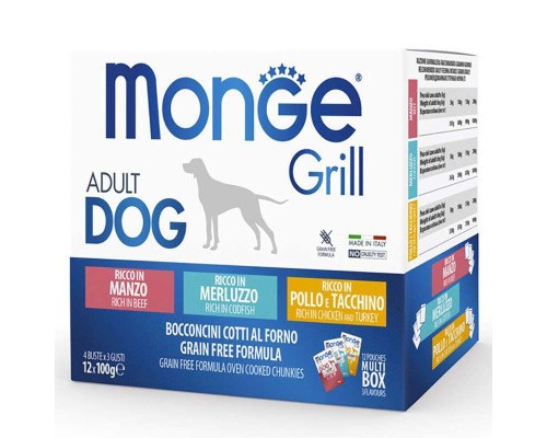 Вологий корм для собак Monge Dog Grill Mix Chicken and Turkey, Beef, Cod Fish 12*100 г (8009470017510)