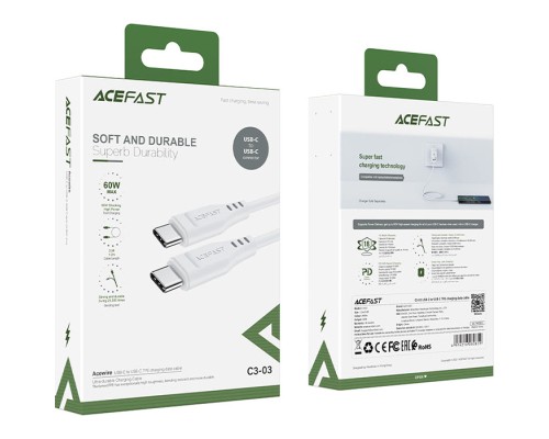 Дата кабель USB-C to USB-C 1.2m 3A TPE C3-03 White Acefast (6974316280859)