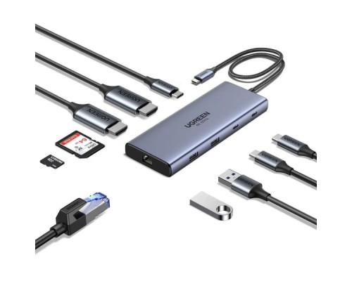 Порт-реплікатор Ugreen Dock CM639 USB3.2 Type-C --> HDMIx2, 60Hz/2xUSB-A/2xUSB-C 3.2/ RJ45/SD/TF/PD 100W (45380)