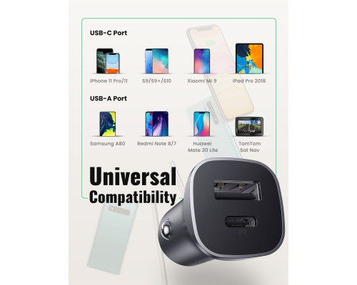 Зарядний пристрій Ugreen CD130 20W USB + Type-C PD Car Charger (Gray) (30780)