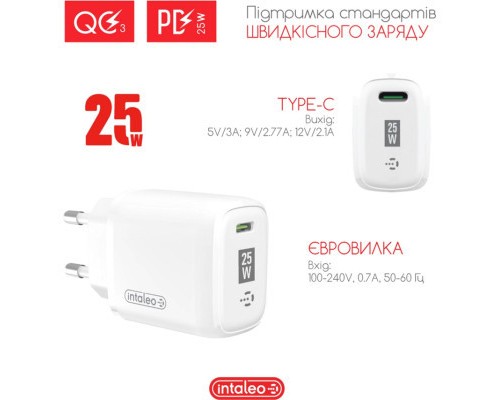 Зарядний пристрій Intaleo TCGQPD125 1хType-C 3A/25W QC/PD3.0 (1283126538827)