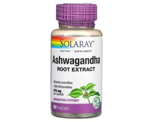 Трави Solaray Ашваганда, 470 мг, Ashwagandha, 60 вегетаріанських капсул (SOR39902)