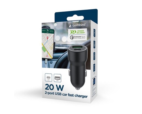 Зарядний пристрій Gembird 1xUSB-A (18W QC3.0) + 1xUSB-C (20W PD) black (TA-UC-A2PDQC20-CAR-01)