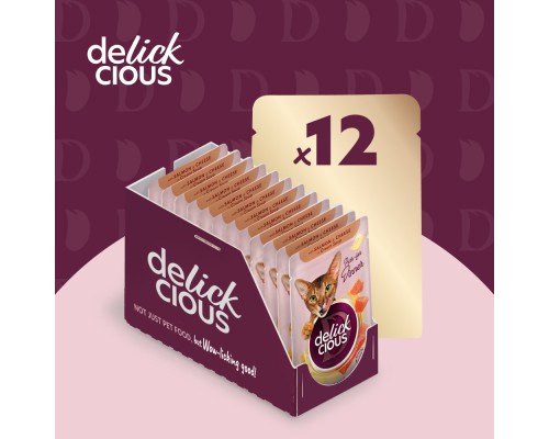 Вологий корм для кішок Delickcious Смужки з лососем та сиром в крем-супі 85 г (4820269141803)