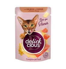 Вологий корм для кішок Delickcious Смужки з лососем та сиром в крем-супі 85 г (4820269141803)
