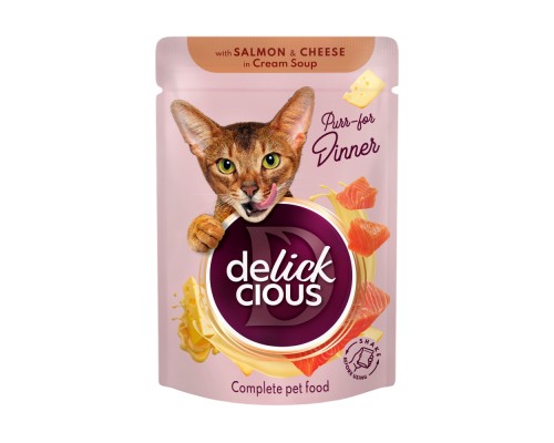 Вологий корм для кішок Delickcious Смужки з лососем та сиром в крем-супі 85 г (4820269141803)