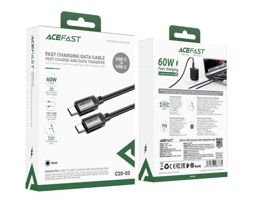 Дата кабель USB-C to USB-C 1.2m 3A aluminum alloy C20-03 Black Acefast (6974316283775)