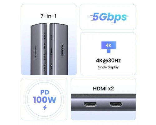 Порт-реплікатор Ugreen Dock CM498 USB 3.0 Type-C -> 1хUSB-A 3.0/3хUSB-A 2.0/2xHDMI 4K 30Гц PD (35897)