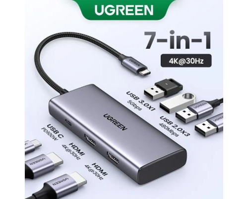 Порт-реплікатор Ugreen Dock CM498 USB 3.0 Type-C -> 1хUSB-A 3.0/3хUSB-A 2.0/2xHDMI 4K 30Гц PD (35897)