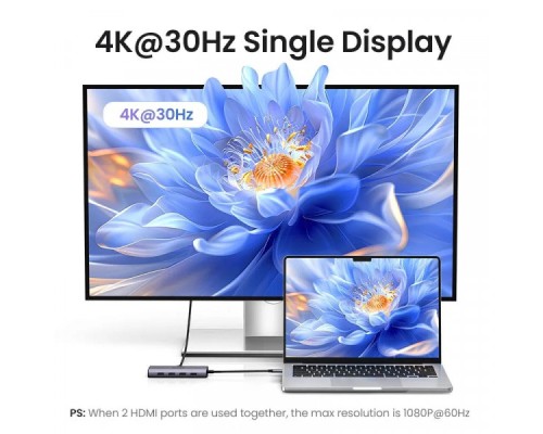 Порт-реплікатор Ugreen Dock CM498 USB 3.0 Type-C -> 1хUSB-A 3.0/3хUSB-A 2.0/2xHDMI 4K 30Гц PD (35897)