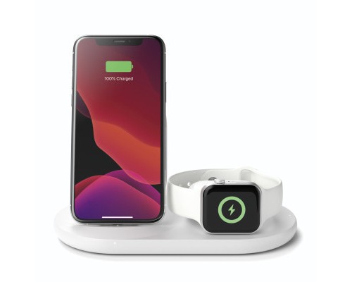 Зарядний пристрій Belkin 3-in-1 Wireless Pad/Stand/Apple Watch, white (WIZ001VFWH)