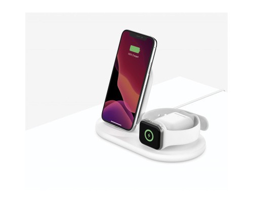 Зарядний пристрій Belkin 3-in-1 Wireless Pad/Stand/Apple Watch, white (WIZ001VFWH)