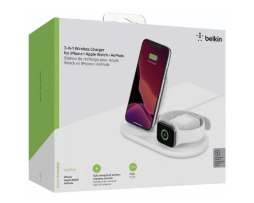 Зарядний пристрій Belkin 3-in-1 Wireless Pad/Stand/Apple Watch, white (WIZ001VFWH)
