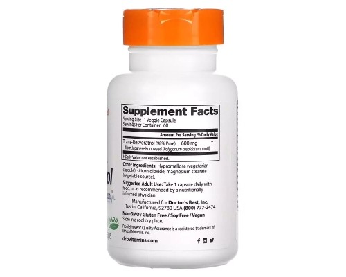 Антиоксидант Doctor's Best Ресвератрол, 600 мг, High Potency Trans-Resveratrol 600, 60 вегетаріанські (DRB-00416) 