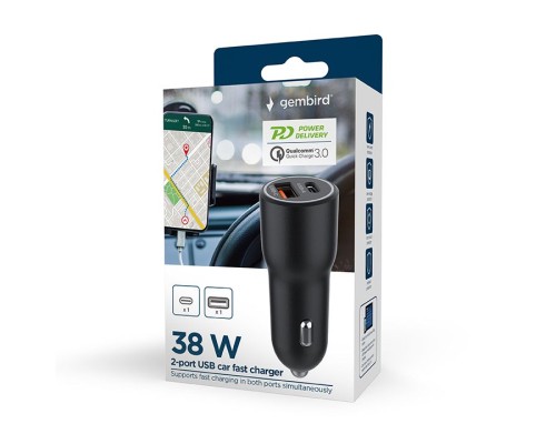 Зарядний пристрій Gembird 1xUSB-A (18W QC3.0) + 1xUSB-C (PD 20W) black (TA-UC-AC2PDQC38-CAR-01)
