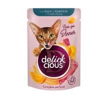 Вологий корм для кішок Delickcious Смужки з качкою та гарбузом в крем-супі 85 г (4820269141797)