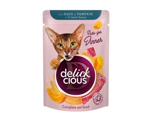 Вологий корм для кішок Delickcious Смужки з качкою та гарбузом в крем-супі 85 г (4820269141797) Вологий корм для кішок Delickcious Смужки з качкою та гарбузом в крем-супі 85 г (4820269141797)