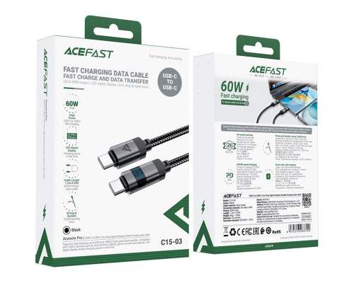 Дата кабель USB-C to USB-C 1.2m 60W digital display C15-03 Black Acefast (6974316283720)