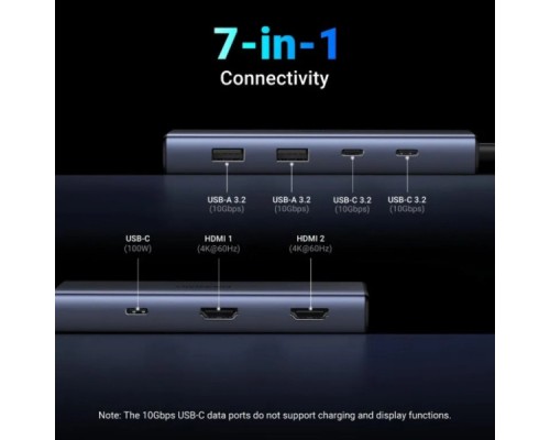 Порт-реплікатор Ugreen Dock CM498 USB3.2 Type-C ->2xUSB-A 3.2/2xUSB-C 3.2 10Гбіт/с/ 2xHDMI 4K60Гц/PD 100W (45379)