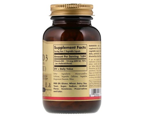 Вітамін Solgar Вітамін D3, Cholecalciferol, 15 мкг, 600МЕ, 120 рослинних ка (SOL-03319)