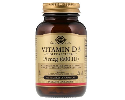 Вітамін Solgar Вітамін D3, Cholecalciferol, 15 мкг, 600МЕ, 120 рослинних ка (SOL-03319)