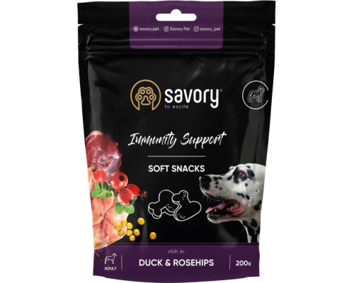Ласощі для собак Savory для зміцнення імунітету, качка і шипшина 200 г (4820232631331)