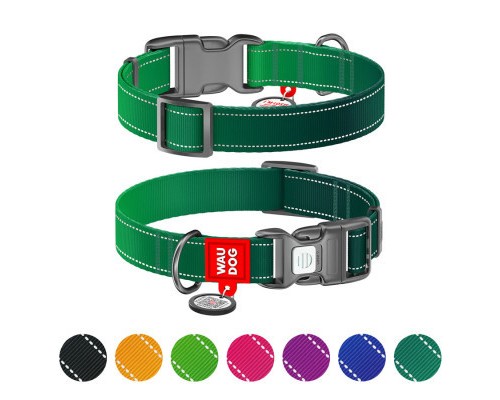 Нашийник для тварин WAUDOG Nylon Mono з QR паспортом, пластиковий фастекс L зелений (521518)