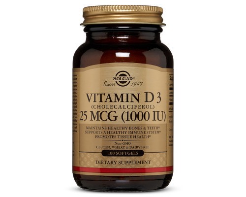 Вітамін Solgar Вітамін D3, Cholecalciferol, 25 мкг, 1,000 МE, 100 гелевих к (SOL03340)