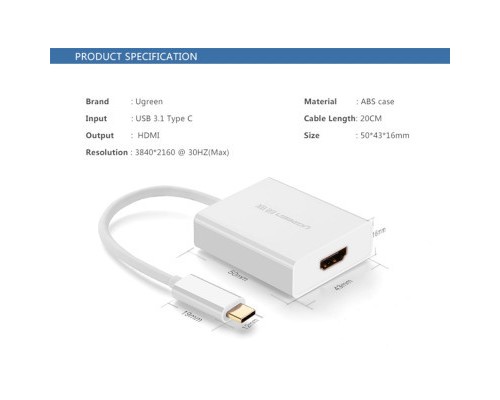 Перехідник USB2.0 Type-C to HDMI V1.4b 40273 white Ugreen (40273)