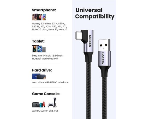 Дата кабель USB 3.0 AM to Type-C 1.0m 60W US385 90-degree Black Ugreen (20299)