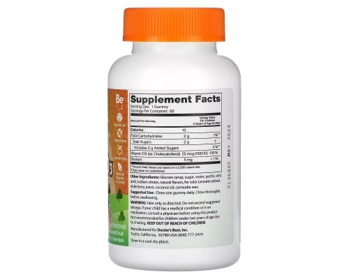 Вітамін Doctor's Best Вітамін D3 для дітей, 1000 МО, смак фруктів, Vitamin D3 Kids Gummies, 6 (DRB-00546) Вітамін Doctor's Best Вітамін D3 для дітей, 1000 МО, смак фруктів, Vitamin D3 Kids Gummies, 6 (DRB-00546)