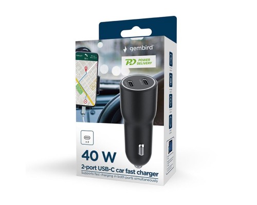 Зарядний пристрій Gembird 2xUSB-C (PD 20W) black (TA-UC-C2PD40-CAR-01)