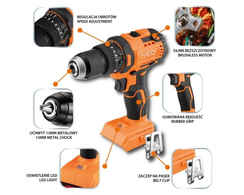 Шуруповерт Neo Tools Energy+ 18V, безщітковий, 95Нм, 0-320/0-1700об/хв 1.2кг (без АКБ та ЗП) (04-619)